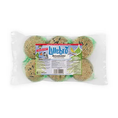 Lillebro Meisenknödel, 6 st fettbollar för vilda fåglar i nät, 540 g. Förpackning med etikett på tyska och illustrationer av fåglar.