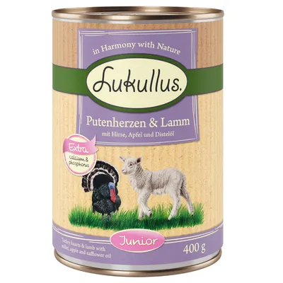 Lukullus Putenherzen & Lamm Junior, z prosem, jabłkiem i olejem z ostu. Dodatkowy wapń i fosfor. Puszka 400g.