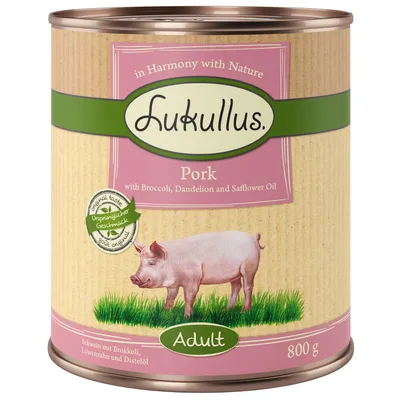 Lukullus Pork Adult, 800 g. Met broccoli, paardenbloem en saffloerolie. Oorspronkelijke Geschmack. In Harmony with Nature. Schwein mit Brokkoli, Löwenzahn und Distelöl.