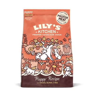 Lily's Kitchen Proper Food for Dogs, Puppy Recipe with chicken, salmon and peas. Grain free recipe, complete nutrition for puppies up to 12 months. Contains proper meat, no meat meal or fillers. Lily's Kitchen Proper Food for Dogs, Puppy Recipe with chicken, salmon and peas. Grain free recipe, complete nutrition for puppies up to 12 months. Contains proper meat, no meat meal or fillers.