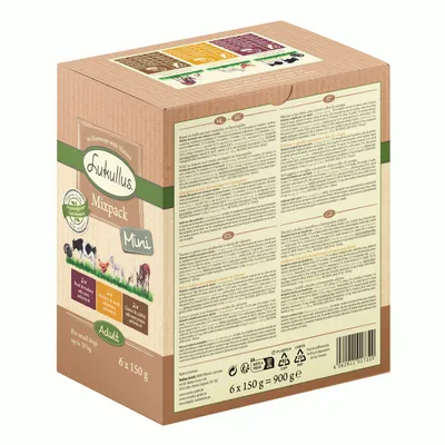 Lukullus Mixpack Mini for small dogs up to 10 kg, 6 x 150 g. Varieties: beef & turkey, chicken & lamb, duck & veal. Total weight: 900 g. Adult. Packaging with recycling information.