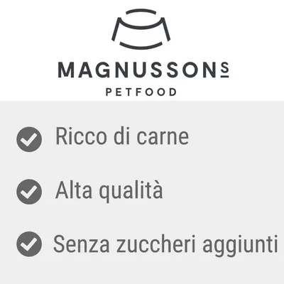 Magnussons Petfood. Ricco di carne, alta qualità, senza zuccheri aggiunti.