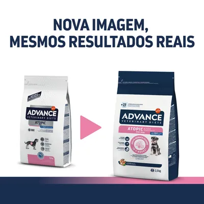 Duas embalagens de ração Advance Veterinary Diets Atopic 1,5 kg para cães, com texto: 'Nova imagem, mesmos resultados reais'. Mudança de design da embalagem visível.