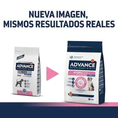 Comparativa de dos envases Advance Veterinary Diets Atopic 3 kg para perros, mostrando el cambio de imagen. Texto: 'Nueva imagen, mismos resultados reales'.