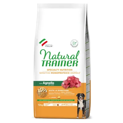 Natural Trainer comida para perros, Specialty Nutrition Sensitive Monoproteico Animale con cordero, 12 kg. Favorece la digestión con cereales integrales y raíz de achicoria.