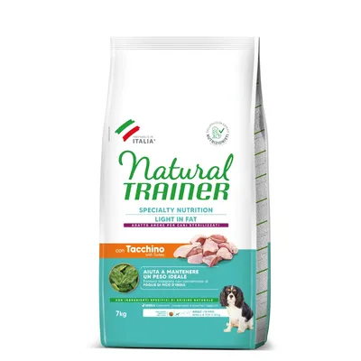 Natural Trainer Specialty Nutrition Light in Fat con tacchino, adatto a cani sterilizzati. Ingredienti: foglie di fico d'India, senza zuccheri aggiunti. Confezione: 7 kg.