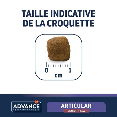 Taille indicative de la croquette, environ 1 cm. Marque Advance Veterinary Diets, gamme Articular Senior +7 ans.