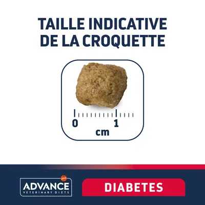 Taille indicative de la croquette Advance Veterinary Diets Diabetes : environ 1 cm, croquette visible avec règle graduée en centimètres.