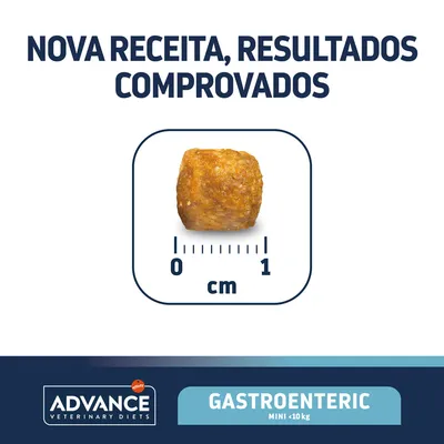 Nova receita, resultados comprovados. Croquete Advance Veterinary Diets Gastroenteric Mini <10 kg com escala de 0 a 1 cm visível.
