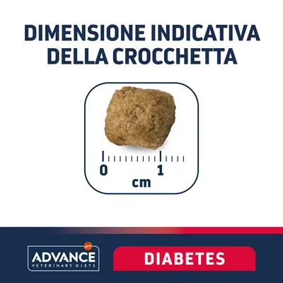 Dimensione indicativa della crocchetta Advance Veterinary Diets Diabetes, scala in cm da 0 a 1, crocchetta visibile al centro.