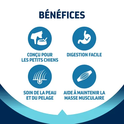 Bénéfices : conçu pour les petits chiens, digestion facile, soin de la peau et du pelage, aide à maintenir la masse musculaire.
