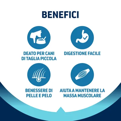 BENEFICI: Ideato per cani di taglia piccola, digestione facile, benessere di pelle e pelo, aiuta a mantenere la massa muscolare.