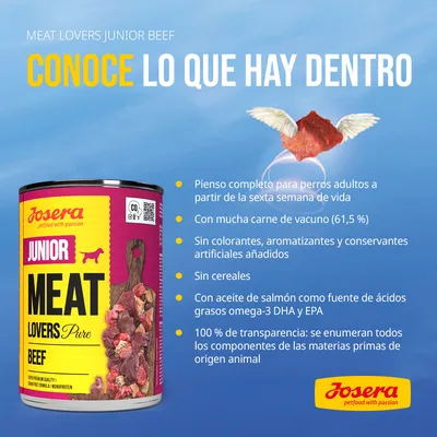 Josera Junior Meat Lovers Pure Beef. Pienso completo para perros adultos, 61,5 % carne de vacuno, sin colorantes ni cereales, con aceite de salmón, ingredientes animales enumerados.