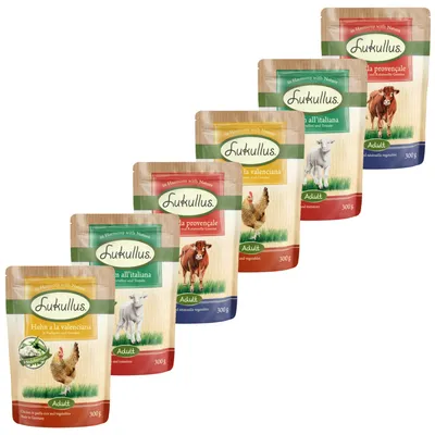 Lukullus Adult våtfoder, sorter: Huhn à la valenciana, Rind da provençale, Lamm all’italiana. Förpackning 300g med naturliga ingredienser och grönsaker.