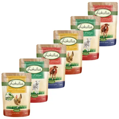 Sobres de comida para perros Lukullus Adult, 300 g, variedades visibles: Huhn a la valenciana, Lamm all’italiana, Rind à la provençale. Imagen muestra seis sobres diferentes.