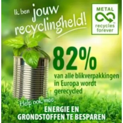 Ik ben jouw recyclingheld! 82% van alle blikverpakkingen in Europa wordt gerecycled. Help ook mee energie en grondstoffen te besparen. METAL recycles forever.