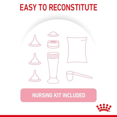 Easy to reconstitute. Nursing kit included, showing bottle, teats, scoop and mixing pouch as part of the product contents.