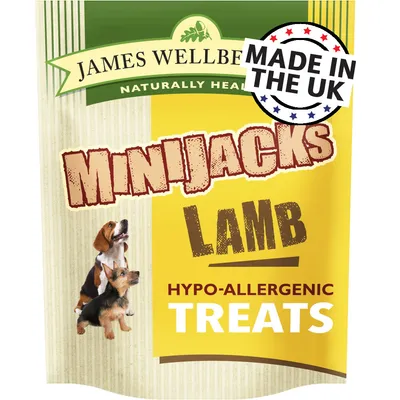 MiniJacks lamb hypo-allergenic treats, made in the UK, as shown on product packaging.