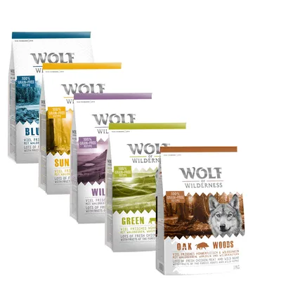 Five Wolf of Wilderness dry food bags in different flavours, each labelled 100% grain-free recipe with visible names: Blue, Sun, Wild, Green Fields, Oak Woods.