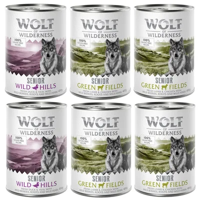 Wolf of Wilderness Senior wet food cans, Wild Hills and Green Fields varieties, 100% grain-free recipe, fresh duck, veal, lamb, chicken, wild berries, roots, wild herbs, 400g each.