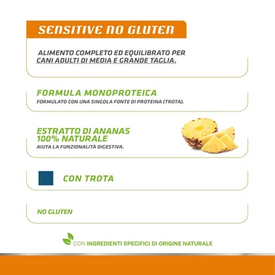 Sensitive No Gluten, Monoprotein-Formel mit Forelle, 100% natürlicher Ananasextrakt, glutenfrei, mit spezifischen Zutaten natürlichen Ursprungs. Für ausgewachsene Hunde mittlerer und großer Größe.