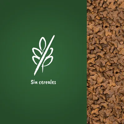 Pienso en forma de croquetas pequeñas junto al texto visible 'Sin cereales' y un símbolo de espiga tachada, indicando ausencia de cereales en el producto.