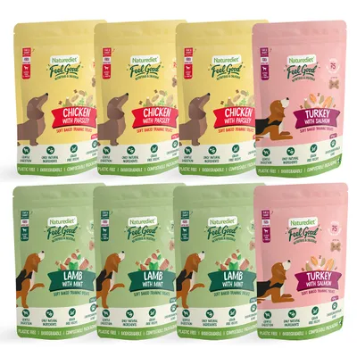 Naturediet Feel Good soft baked training treats in chicken with parsley, lamb with mint, and turkey with salmon flavours. Plastic free, biodegradable, compostable packaging.