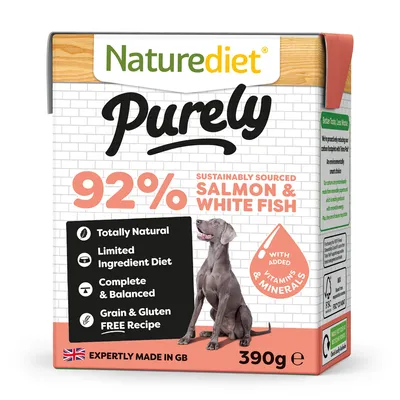 92% sustainably sourced salmon and white fish, totally natural, limited ingredient diet, complete and balanced, grain and gluten free recipe, with added vitamins and minerals, 390g.
