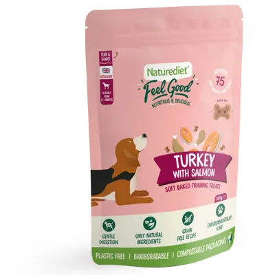 Naturediet Feel Good Turkey with Salmon soft baked training treats, approx 75 pieces, suitable from 2+ months, gentle digestion, natural ingredients, grain free, compostable packaging.