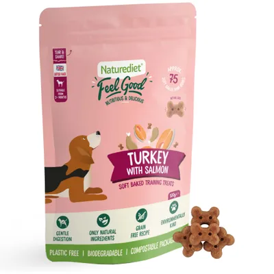 Turkey with salmon soft baked training treats, approx. 75 mini bones per pack, gentle digestion, only natural ingredients, grain free recipe, environmentally kind, compostable packaging.