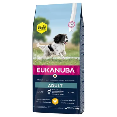 Eukanuba Adult Medium Breed száraztáp közepes testű kutyáknak, 1–7 év, 10–25 kg, friss csirkehússal, 15 kg + 3 kg ingyen, összesen 18 kg