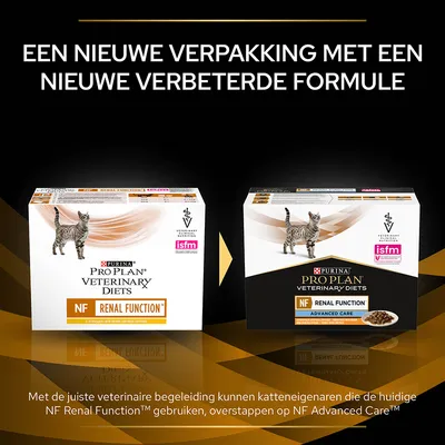 Nieuwe verpakking en verbeterde formule voor Purina Pro Plan Veterinary Diets NF Renal Function kattenvoer, overgang van oude naar nieuwe variant zichtbaar op de afbeelding.