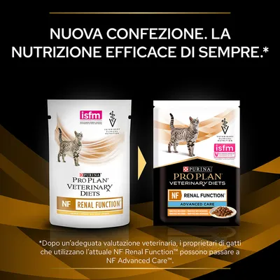 Nuova confezione Purina Pro Plan Veterinary Diets NF Renal Function per gatti, confronto tra vecchio e nuovo packaging con testo: 'La nutrizione efficace di sempre.'