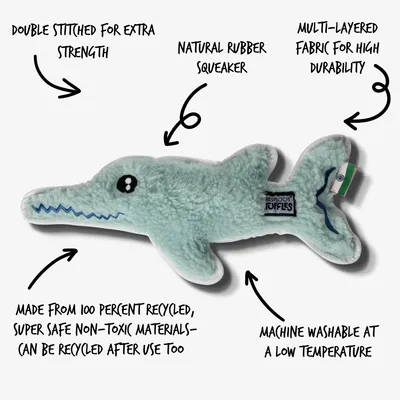 Plush toy with double stitching, natural rubber squeaker, multi-layered durable fabric, made from 100% recycled non-toxic materials, machine washable at low temperature.