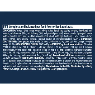 Complete and balanced pet food for sterilised adult cats. Ingredients, analytical constituents, energy value, nutritional additives, feeding instructions, manufacturer and distributor details.