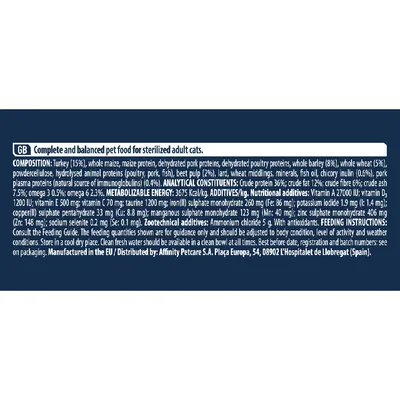 Label showing ingredients, analytical constituents, additives, feeding instructions, and manufacturer details for complete and balanced pet food for sterilised adult cats.