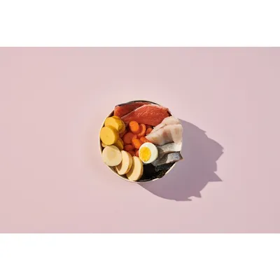 Bowl containing raw fish, sliced carrots, sweet potato, parsnip and half a boiled egg, showing visible ingredients of the pet food product.