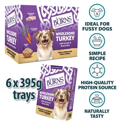 Burns Wholesome Turkey with carrots and brown rice, 6 x 395g trays. Features: ideal for fussy dogs, simple recipe, high-quality protein source, naturally tasty. For adult and senior dogs.