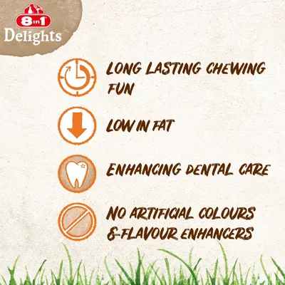 Long lasting chewing fun, low in fat, enhancing dental care, no artificial colours and flavour enhancers.