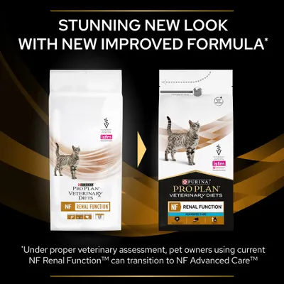Comparison of old and new packaging for NF Renal Function pet food, highlighting a new improved formula and transition guidance for current users to NF Advanced Care.