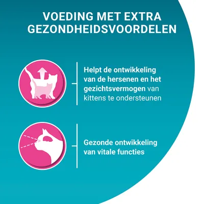 Voeding met extra gezondheidsvoordelen: helpt de ontwikkeling van de hersenen en het gezichtsvermogen van kittens te ondersteunen, gezonde ontwikkeling van vitale functies.