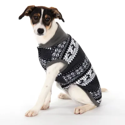 Hund bär svart och vit tröja med snöflinge- och renmotiv. Produkten visar vinterkläder för husdjur.