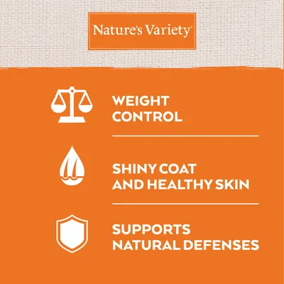 Nature’s Variety. Weight control, shiny coat and healthy skin, supports natural defenses. Text v angličtine.
