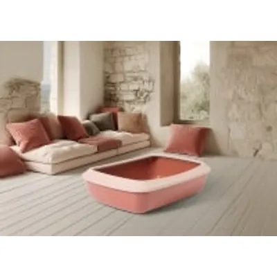 Lettiera per gatti in plastica rosa, forma rettangolare, posizionata su pavimento vicino a divano con cuscini in una stanza con pareti in pietra.