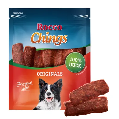 Rocco Chings Originals, 100% duck, resealable packaging. Shown: dog and duck meat strips.