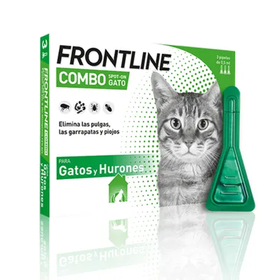 Frontline Combo Spot-On Gato, antiparasitario para gatos y hurones. Elimina pulgas, garrapatas y piojos. Pack de 3 pipetas de 0,5 ml.