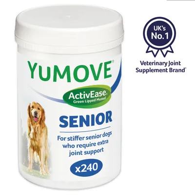 Envase de suplemento articular para perros mayores YUMOVE SENIOR, ActivEase Green Lipped Mussel, x240 comprimidos. Texto en inglés: UK's No.1 Veterinary Joint Supplement Brand.
