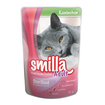 Plic hrană pentru pisici smilla Adult, Kaninchen, 85 g. Text vizibil: Sterilised für kastrierte Katzen, Ideal Weight, DL-methionine, L-carnitine, Taurine.