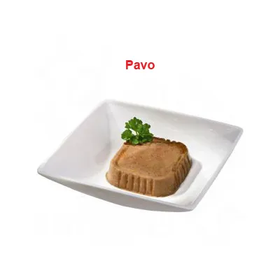 Comida húmeda de pavo servida en plato blanco, decorada con perejil. Texto visible: Pavo.