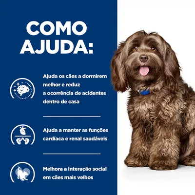 COMO AJUDA: Ajuda os cães a dormirem melhor e reduz a ocorrência de acidentes dentro de casa. Ajuda a manter as funções cardíaca e renal saudáveis. Melhora a interação social em cães mais velhos.